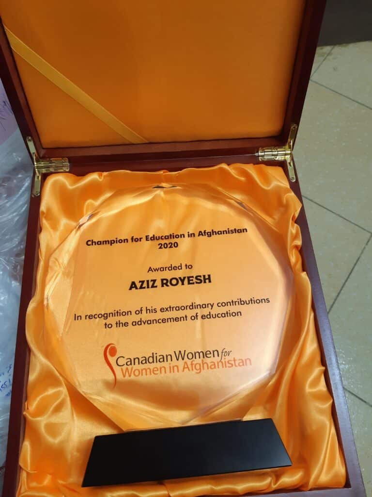 Plaque for Champion for Education in Afghanistan for Aziz Royesh